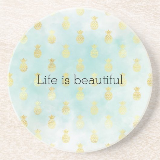Aqua Wit Goud Tropische Glam Ananas Zandsteen Onderzetter (Voorkant)