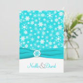 Aqua, wit, grijs sneeuwvlokken bruiloft uitnodigin kaart (Staand voorkant)