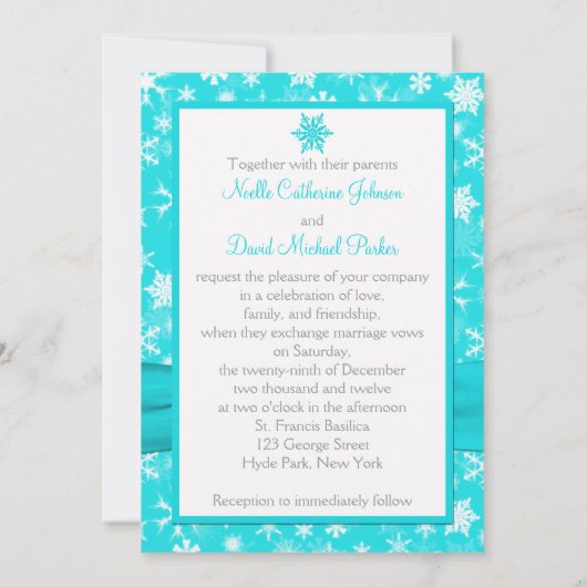 Aqua, wit, grijs sneeuwvlokken bruiloft uitnodigin kaart (Achterkant)