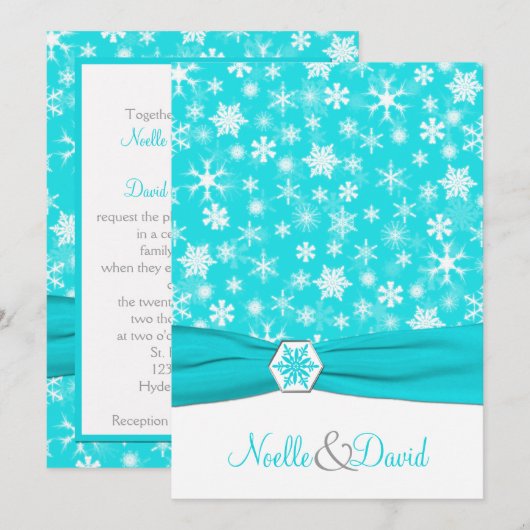Aqua, wit, grijs sneeuwvlokken bruiloft uitnodigin kaart (Voorkant / Achterkant)