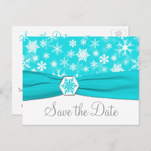 Aqua, wit, grijs sneeuwvlokken Save the Date Kaart (Voorkant / Achterkant)