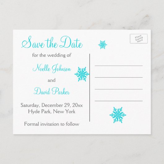 Aqua, wit, grijs sneeuwvlokken Save the Date Kaart (Achterkant)