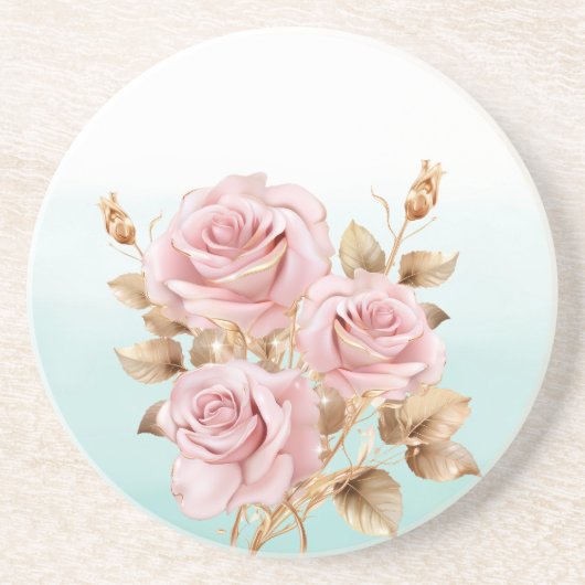 Aqua Wit Roze Goud Roos Bloemen Zandsteen Onderzetter (Voorkant)