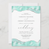 Aqua Wit Zilveren Folie Glitter Bruiloft Kaart (Voorkant)
