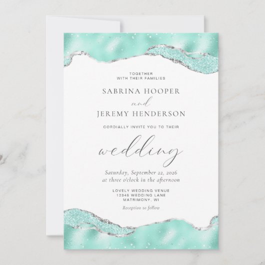 Aqua Wit Zilveren Folie Glitter Bruiloft Kaart (Voorkant)