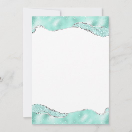 Aqua Wit Zilveren Folie Glitter Bruiloft Kaart (Achterkant)