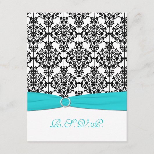 Aqua, Wit, Zwart Damask II RSVP Kaart (Voorkant)