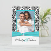 Aqua, Wit, Zwart Damast II Foto Bruiloft Uitnodige Kaart (Staand voorkant)