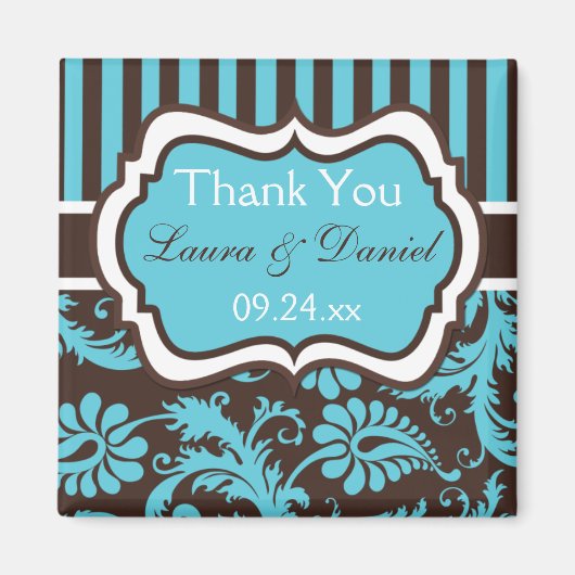 Aqua, Witte, Bruine Damast Trouwgunstmagneet Magneet (Voorkant)
