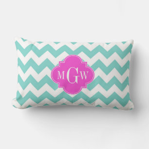 Aqua Witte Chevron Heet Roze Quatrefoil 3 Monogram Kussen