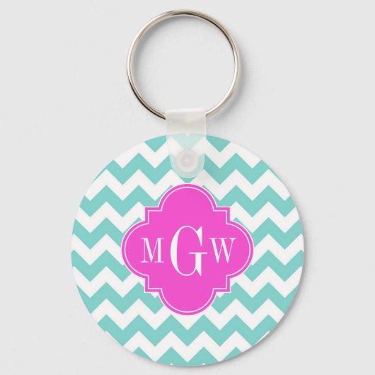 Aqua Witte Chevron Heet Roze Quatrefoil 3 Monogram Sleutelhanger (Voorkant)