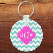 Aqua Witte Chevron Heet Roze Quatrefoil 3 Monogram Sleutelhanger (Voorkant)