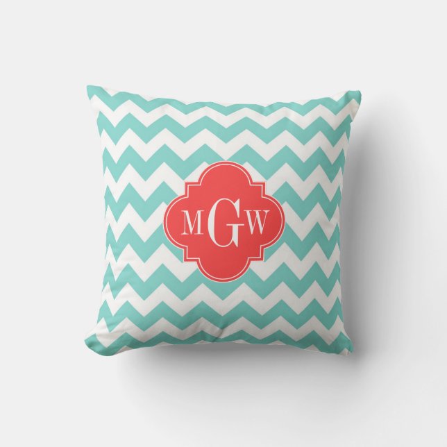 Aqua Witte Chevron Koraal Rood Vierblad 3 Monogram Kussen (Voorkant)