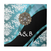 Aqua & witte damast met faux crystal gem tegeltje (Voorkant)