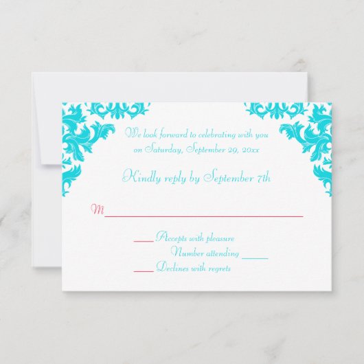 Aqua, Witte en Rode Damast RSVP Kaart (Voorkant)