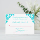 Aqua, Witte en Rode Damast RSVP Kaart (Staand voorkant)