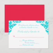 Aqua, Witte en Rode Damast RSVP Kaart (Voorkant / Achterkant)