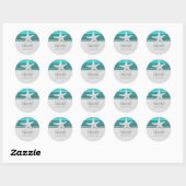 Aqua & Witte Glitter Zeester Strand Bruiloft Favor Ronde Sticker (Vel)