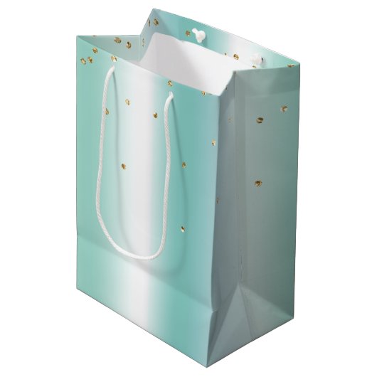 Aqua Witte Mint Gouden Confetti Kerstmis Medium Cadeauzakje (Voorkant Gekanteld)