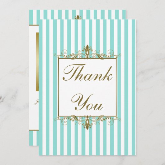 Aqua, witte strepen gouden rollen FOTO Dank u Bedankkaart (Voorkant / Achterkant)