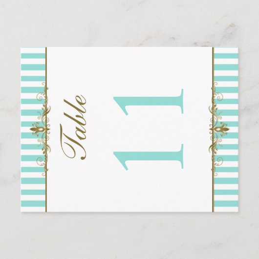 Aqua, Witte Strepen Gouden Rollen Tafelnummer Kaar (Voorkant)