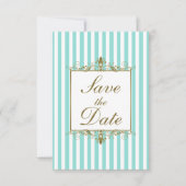 Aqua, Witte Strepen Gouden Scroll Save the Date Ka (Voorkant)
