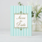 Aqua, Witte Strepen Gouden Scroll Save the Date Ka (Staand voorkant)