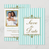 Aqua, Witte Strepen Gouden Scroll Save the Date Ka (Voorkant / Achterkant)