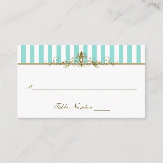 Aqua, witte strepen met Gold Scrolls Plaatskaart Plaatskaartje (Voorkant)