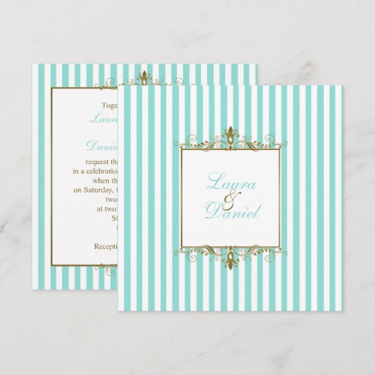 Aqua, witte strepen met gouden rollen uitnodiging (Voorkant / Achterkant)
