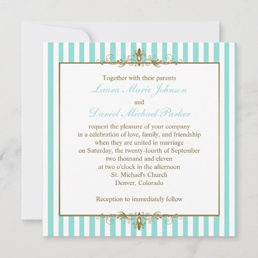 Aqua, witte strepen met gouden rollen uitnodiging (Achterkant)