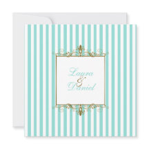 Aqua, witte strepen met gouden rollen uitnodiging