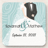 Aqua Wood Grain Pattern Bride and Groom Onderzette Drankjes Onderzetter (Voorkant)