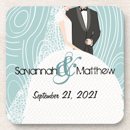 Aqua Wood Grain Pattern Bride and Groom Onderzette Drankjes Onderzetter (Voorkant)