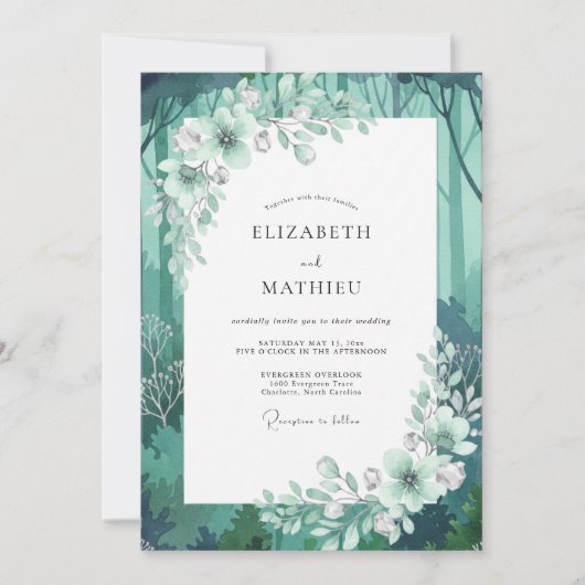 Aqua Woodland Leaf Bruiloft Kaart (Voorkant)
