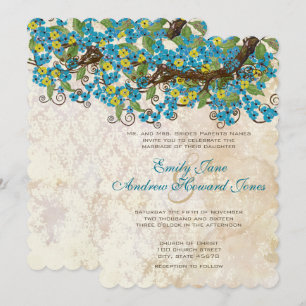 Aqua Yellow Cherry Blossom Tea Stain Invitations Kaart