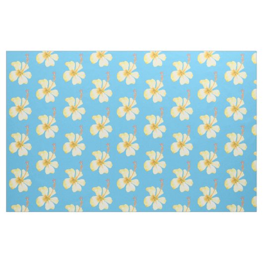 Aqua Yellow Hibiscus Tropical Flowers Stof (Fat Quarter)