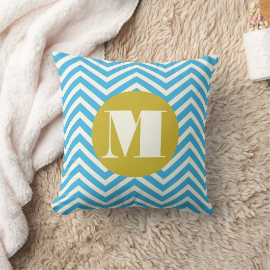 Aqua Yellow Ivory Monogram Modern Zig Zag Pillow Kussen (Deken)