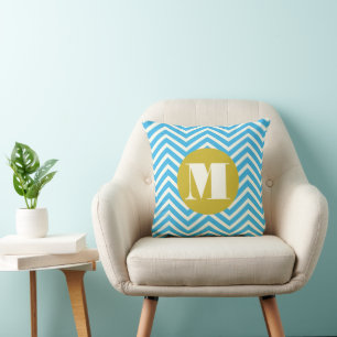 Aqua Yellow Ivory Monogram Modern Zig Zag Pillow Kussen