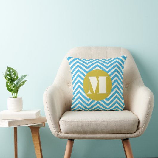 Aqua Yellow Ivory Monogram Modern Zig Zag Pillow Kussen (Stoel)