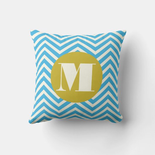 Aqua Yellow Ivory Monogram Modern Zig Zag Pillow Kussen (Achterkant)