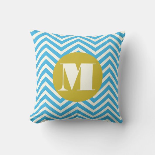 Aqua Yellow Ivory Monogram Modern Zig Zag Pillow Kussen (Voorkant)