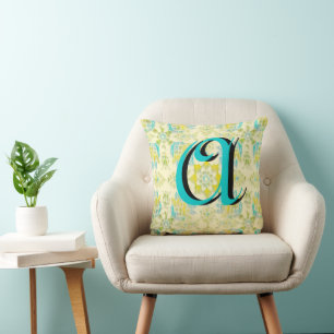  Aqua Yellow Kat Floral Monogram Pillow Kussen