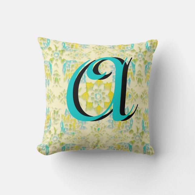  Aqua Yellow Kat Floral Monogram Pillow Kussen (Voorkant)