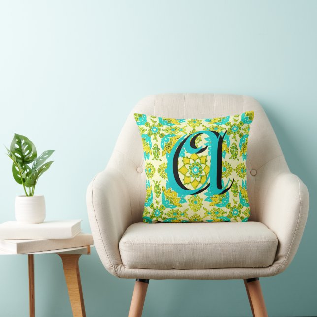 Aqua Yellow Limoen Floral Monogram Pillow Kussen (Stoel)