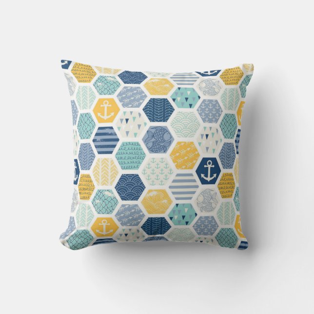Aqua Yellow Nautical Coastal Tegels Pattern Buitenkussen (Voorkant)