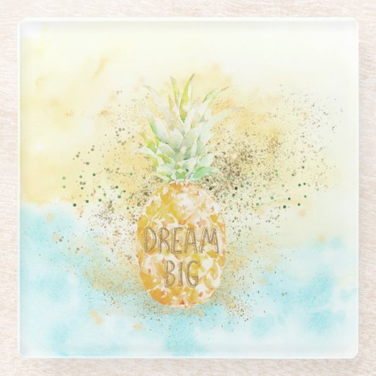 Aqua Yellow Pineapple Gold Dream Glitz Glazen Onderzetter (Voorkant)