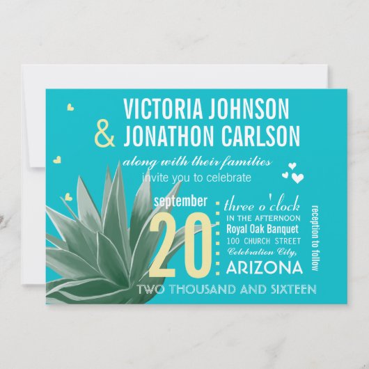 Aqua Yellow Succulent ModernTypography Wedding Kaart (Voorkant)