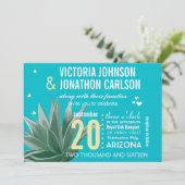 Aqua Yellow Succulent ModernTypography Wedding Kaart (Staand voorkant)