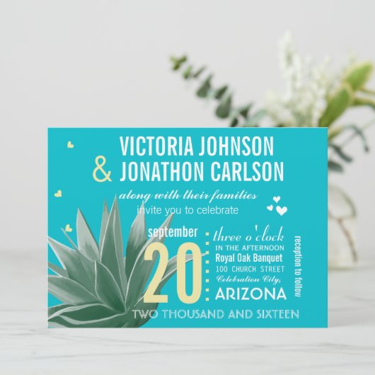 Aqua Yellow Succulent ModernTypography Wedding Kaart (Staand voorkant)